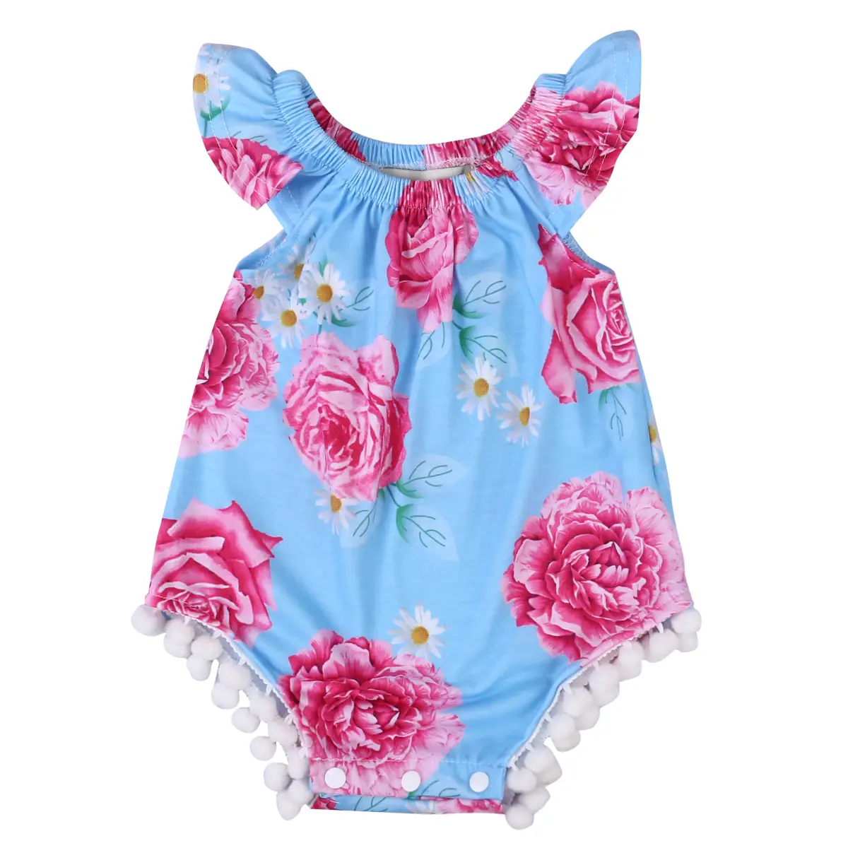 Baby Girls Summer Sleeveless Romper Flare Sleeve Plush Ball Floral Jumpsuit Infant Cute Girls Outfits for 0-24M Babies