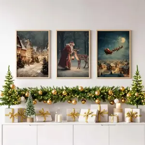 3pcs Wooden Frame Santa Claus Flying Christmas Tree Reindeer Vintage Holiday Poster Canvas Art Farmhouse Style Living Room Home Decor