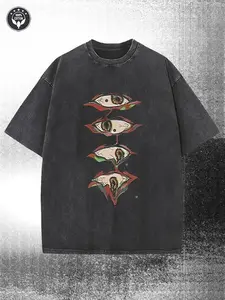 Vintage Washed Eye Pattern Graphic Tee | Embroidered Couple Valentine Shirts | Loose Fit Crew Neck Streetwear Tops