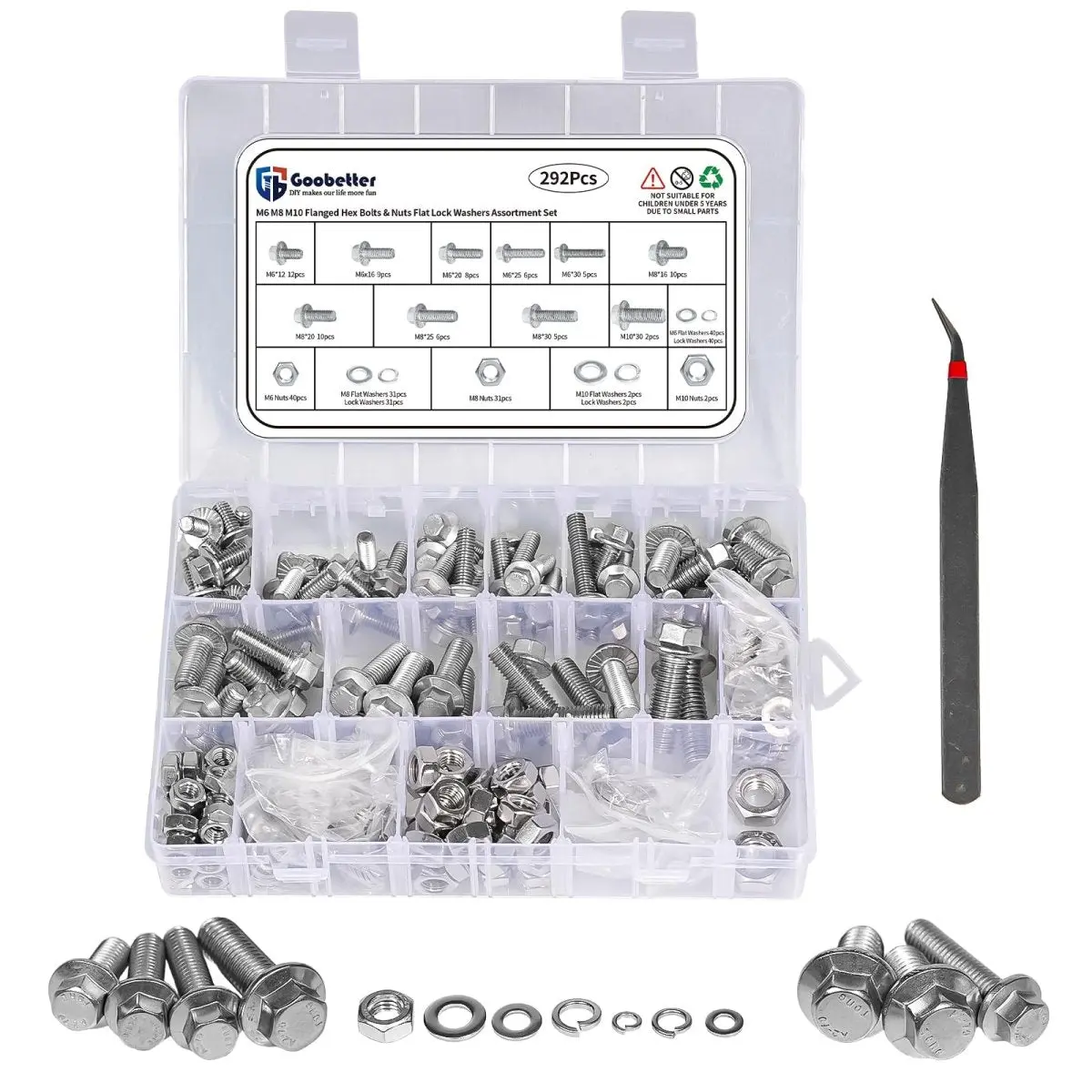 Heavy Duty Assorted Sizes Fastening Nut and Bolt Kit, 292PCS M6-M8-M10 Flange Bolts with Matching Nuts & Washers for Automotive Repair, DIY Projects, 292 Pcs, Heavy Duty Fastening, Complete Kits