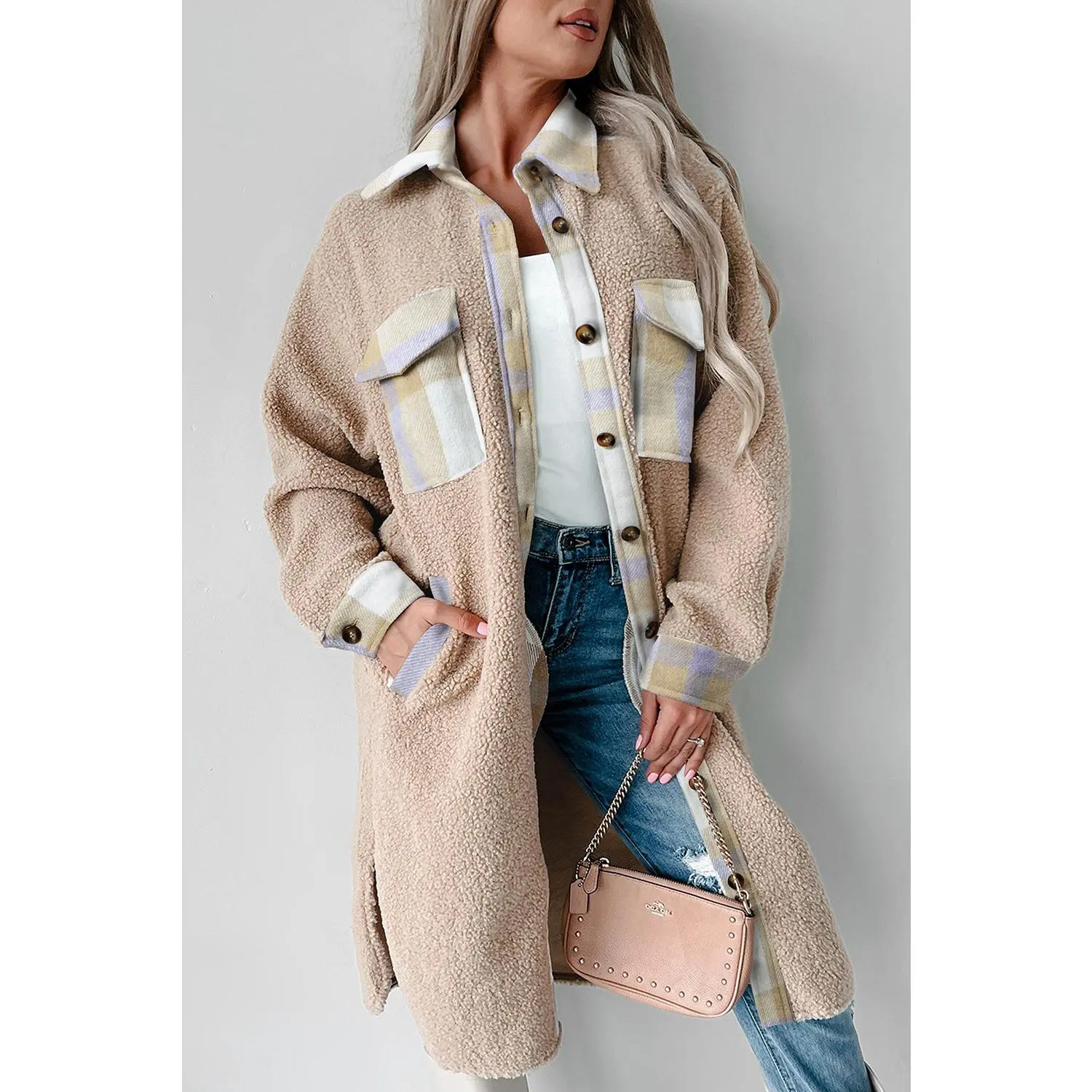 Women's Smoke Gray Plaid Patchwork Collared Button-Up Sherpa Long Jacket, Women's Outerwear Jackets, Clothes, Tops