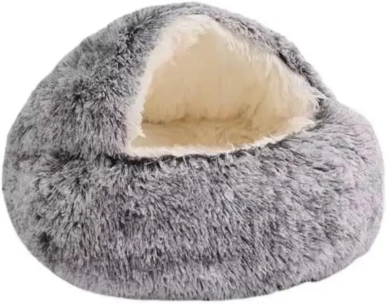 Cat Cave Bed Round Hooded Donut Dog Bed for Small Pets - Plush Fluffy Coved Bed for Improved Sleep Anti-Anxiety, Removable Washable (Grey)