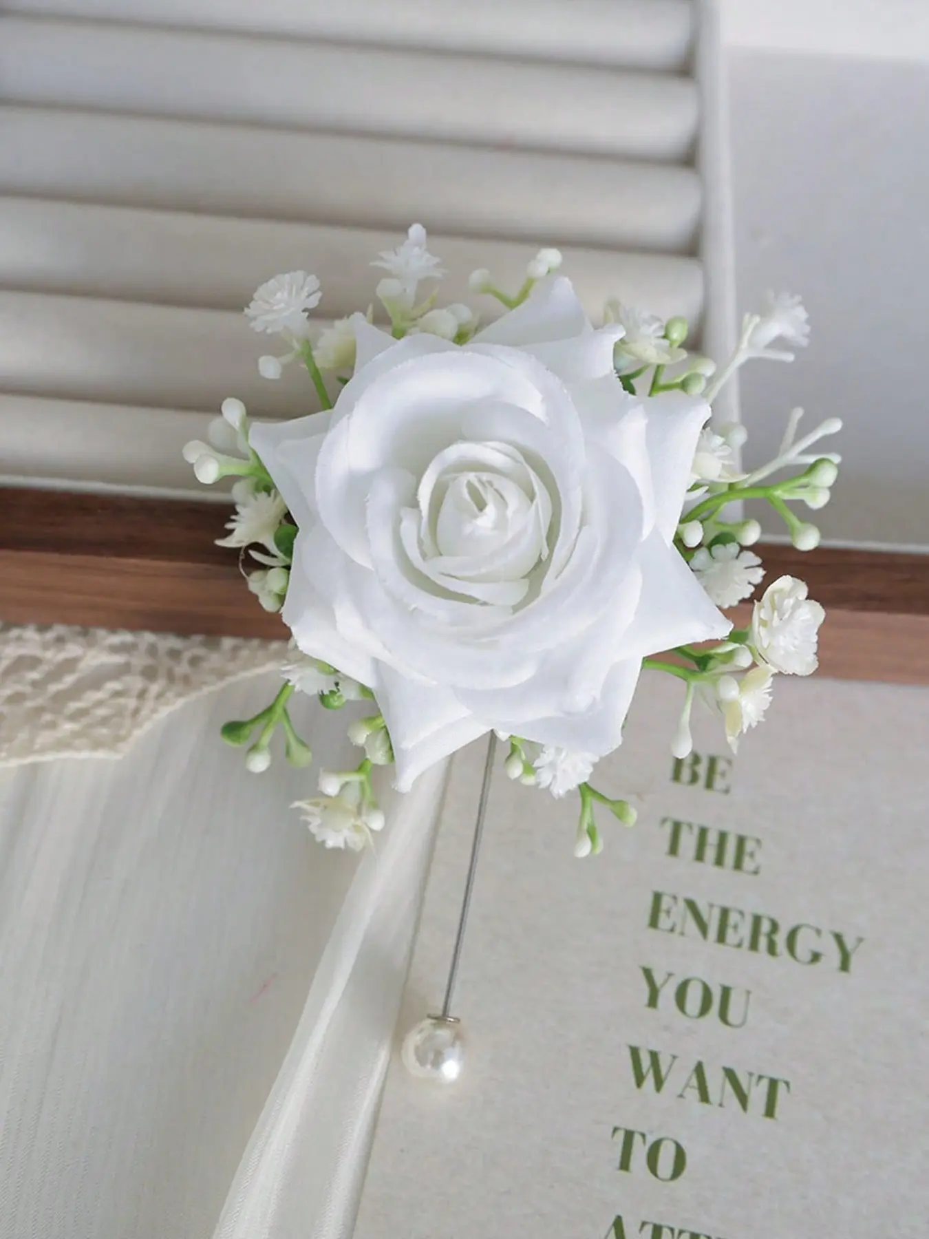 Rose Wrist Corsage, Chest Flower with Baby's Breath and Faux Pearl Chain, Durable and Comfortable Wedding Accessory