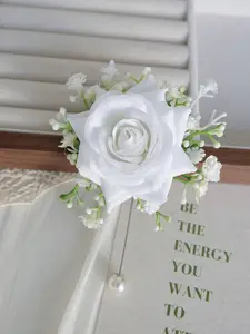 Rose Wrist Corsage, Chest Flower with Baby's Breath and Faux Pearl Chain, Durable and Comfortable Wedding Accessory