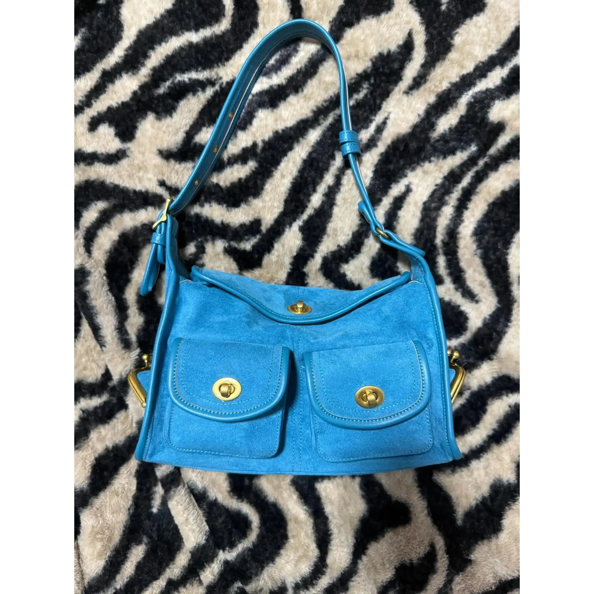 Women's Blue Vintage Crossbody Shoulder Bag - Gold-Plated Lock, Wide Strap, Multi-Pocket Large Retro Artistic Haversack