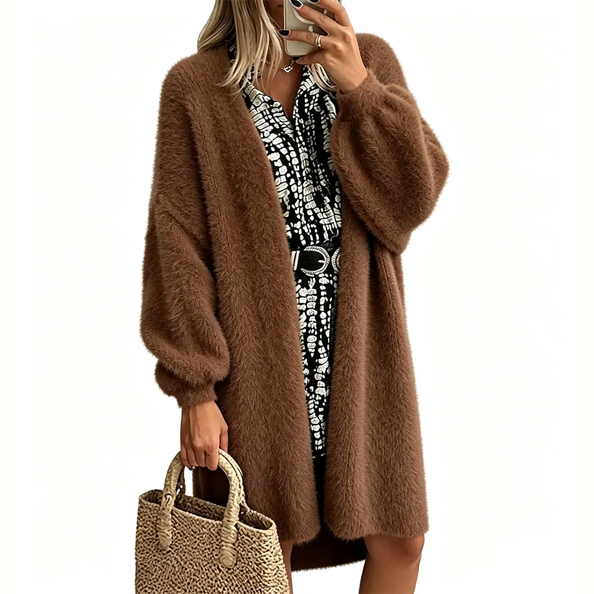 Woman's Brown Long Fuzzy Cardigan Soft Fluffy Knit Coat Oversized Lantern Sleeve Open Front Warm Winter Fall Outerwear Casual Chic Fashion Trendy Comfortable Relaxed Fit