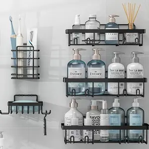 5 Pack Shower Caddy Organizer Rack Shelf for Inside Shower Adhesive Bathroom Wall Storage Basket Rustproof Stainless Steel Shampoo Holder Kitchen Bathroom Accessory Decor Set Home Essential Black