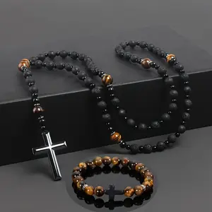 2 Pcs European & American Imitation Stone Necklace + Bracelet - Black Volcano Rock, Yellow Tiger Eye, I Gift for Lovers