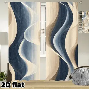 2D Flat 2Pcs Modern Abstract Wave Pattern Curtains Navy Blue Beige Gradient Design Rod Pocket Semi Sheer Polyester Panels Elegant Flowing Lines Home Decor Suitable for Living Room Bedroom Window Treatment Home Decoration Curtain