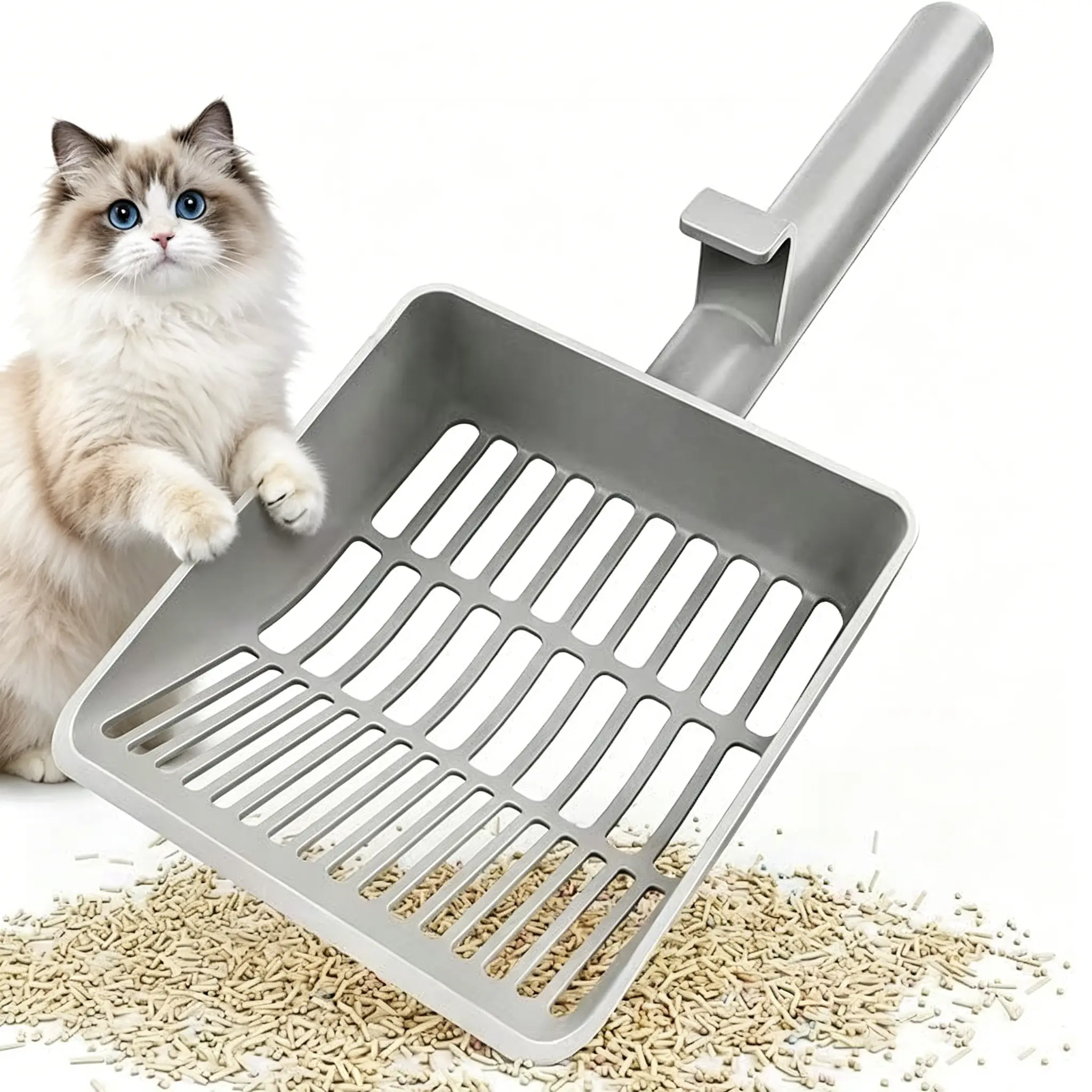 Large Cat Litter Scoop, Heavy-Duty Litter Scoop with Dual Sifting Holes for Fast & Fine Clumping, Kitty Litter Scooper with Long Handle & Easy-to-Hang Hook for Litter Box