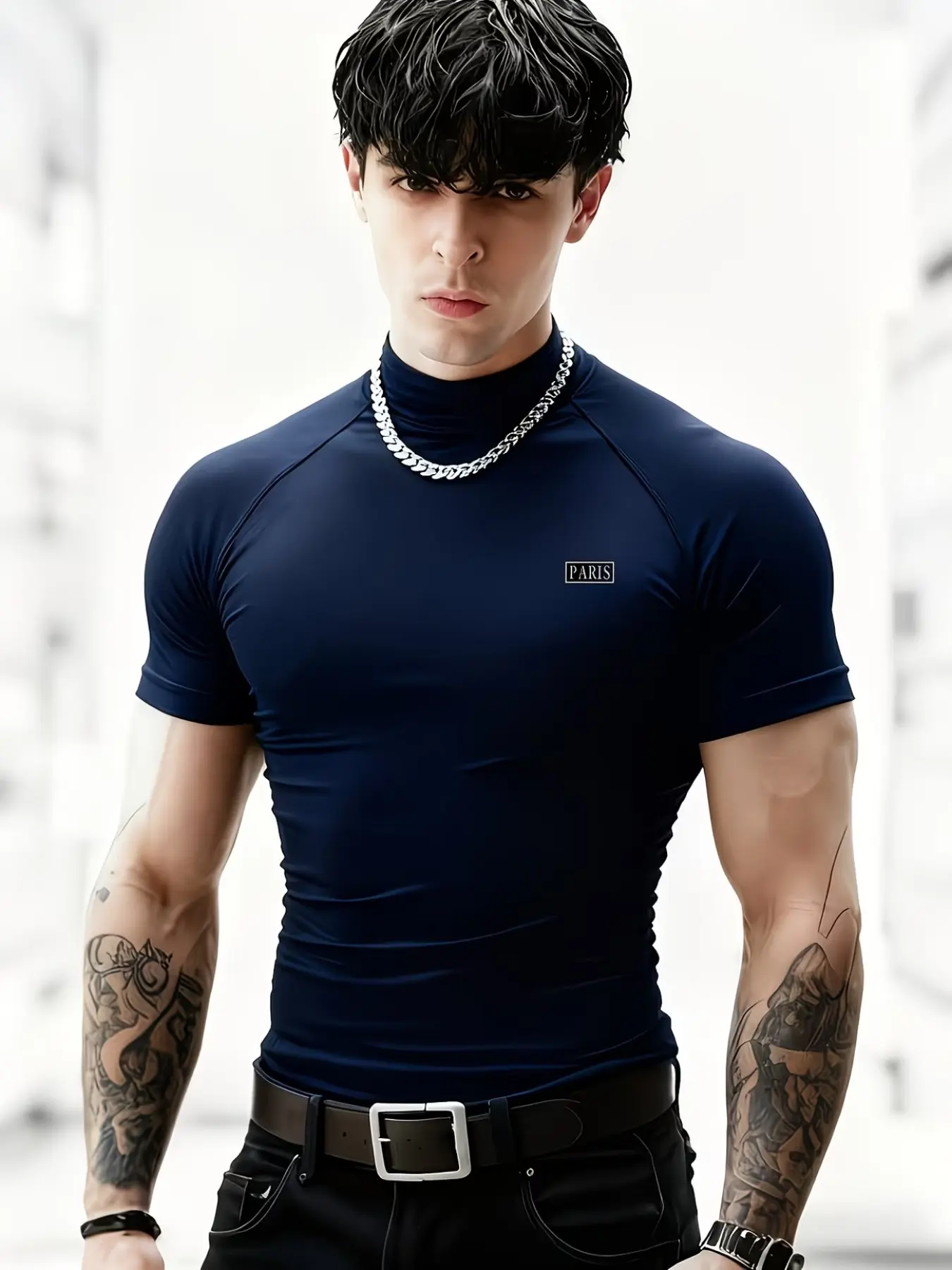 Men's High-Neck Sporty Short Sleeve T-Shirt, High Elasticity Quick-Dry Breathable Sweat-Wicking, Gym Training Tight Fit Athletic Top