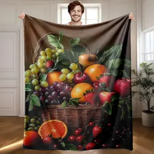 1 piece Fresh seasonal fruits in a bountiful fruit basket themed flannel blanket - Flannel blanket with modern design, suitable for sofas and beds, all-season use, super soft and comfortable, digitally printed pattern, 100% polyester material