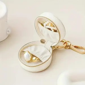 Fashion Mini Pendant Jewelry Box, 1.97 Inch Faux Leather Waterproof Ring Earring Necklace Accessory Storage, Small Decorative Zipper Jewelry Case, Organiser