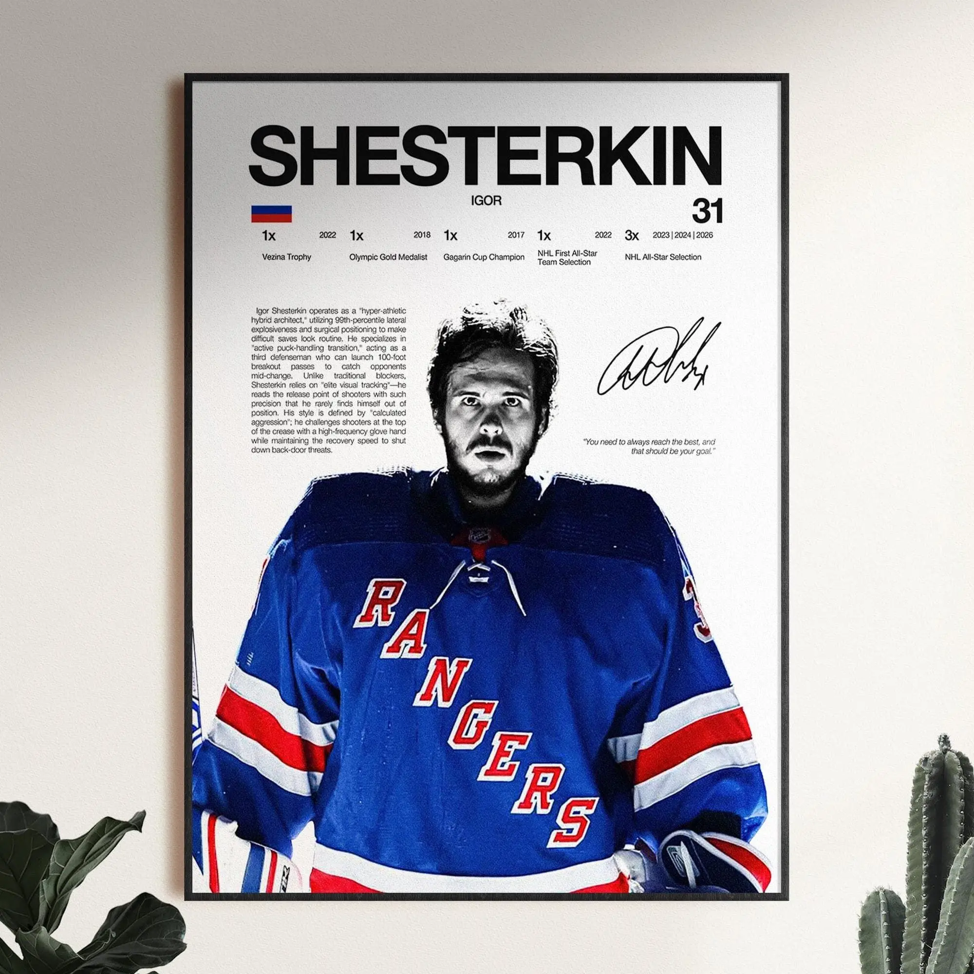 Igor Shesterkin Poster, New York Rangers Wall Print, Sports Decor, Hockey Room Print( Unframed - Print Only )