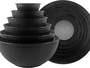 Mixing Bowls with Lids - 12 Piece Plastic Nesting Bowls Set includes 6 Prep Bowls and 6 Lids, Non Slip Bottom and Embossed Design - Microwave Safe (Black)