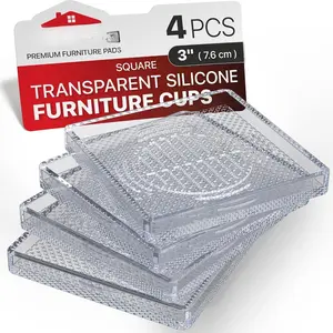 Furniture Cups - 4 count 3" - Non Slip Furniture Pads for Hardwood Floors - Transparent Floor Protectors - Bed Stoppers to  Sliding - Keep Furniture from Sliding  Floor! (Square)