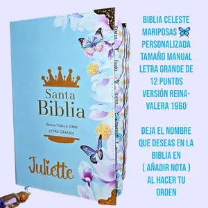 Biblia  Personalizada Celeste con Mariposas Reina-Valera 1960 Tamaño Manual