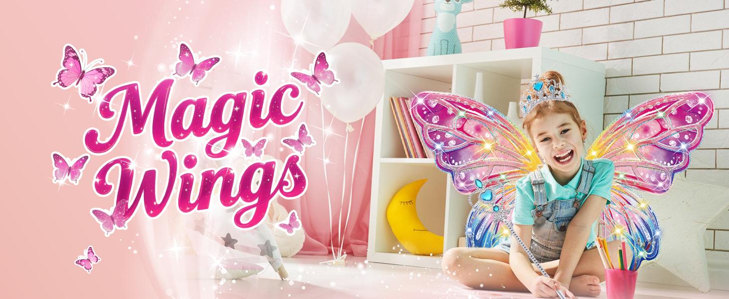Light Up Fairy Wings for Girls - LED Butterfly Wings with Music for Kids Aged 3–8+ Costume, Birthday Christmas Party Costume Pretend Play Princess Dress Up Toys for Girls