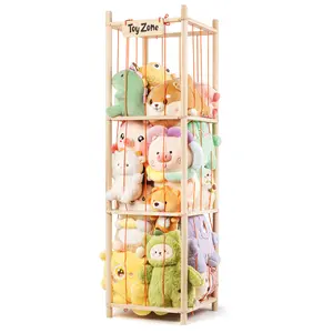 Stuffed Animal Storage, Wooden Toy Storage Organizer, Vertical Stuffed Animal Hammock Corner with Elastic Straps, Large Capacity Plush Toy Holder for Toddler Room, Playroom, Bedroom, Nursery