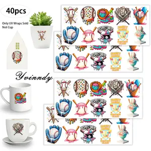 40Pcs/set Baseball Ice Cream Iron On Stickers For Cup Be Waterproof UV DTF Printable Vinyl Paper Fun Designs Durable Construction Long-Lasting Adhesion Must-Have For Craft Enthusiasts Cups Mugs Sticker Sold Only Sticker Not Cup