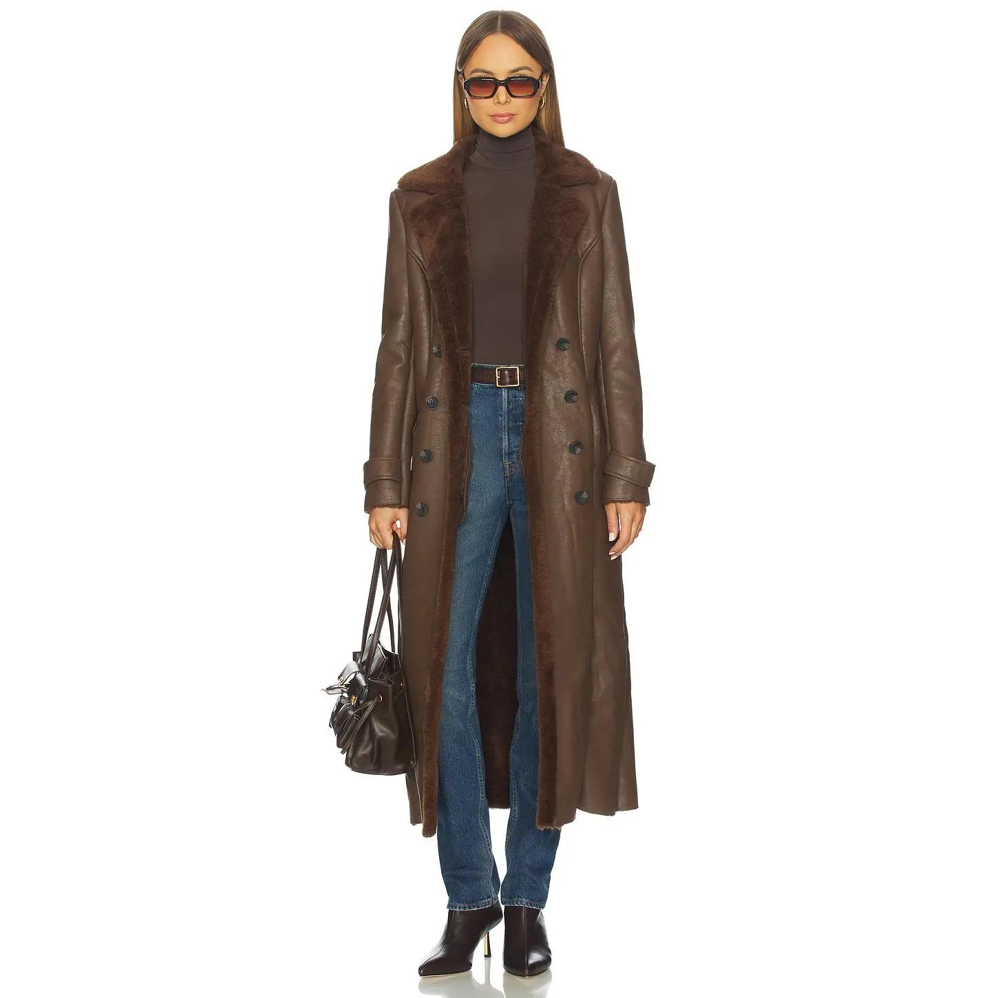 Bardot Faux Leather Trench Coat in Chocolate Brown