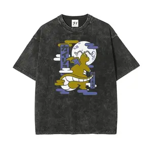 Men's Soft Stretch Casual Cotton Round Neck Shortsleeve T-Shirt - Retro Oversized Loose Fit, Ukiyo-e Dragonite Pocket Monsters Graphic, Washed Vintage Distressed, Unisex Anime Streetwear Menswear Top with Quality