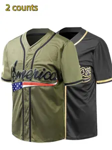 Men's American Flag & Number Embroidery Baseball Jersey, Casual Breathable V Neck Baseball Top for Training Game, Men's Sportswear for All Seasons
