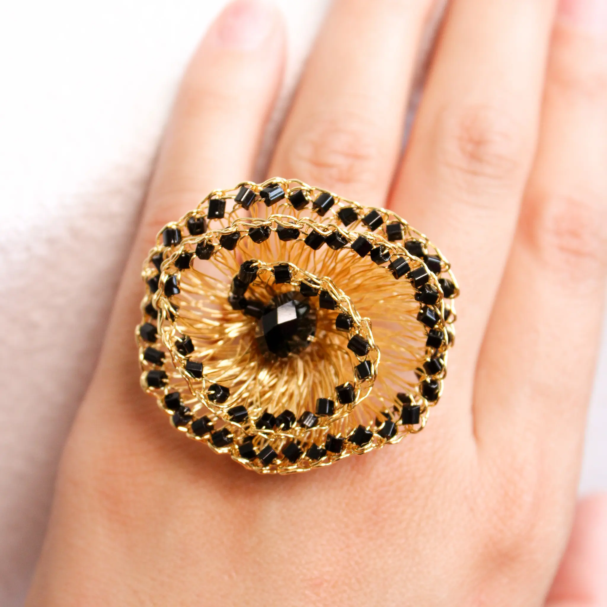 Gold & Black Flower Statement Ring | Adjustable Artisan Flower Ring