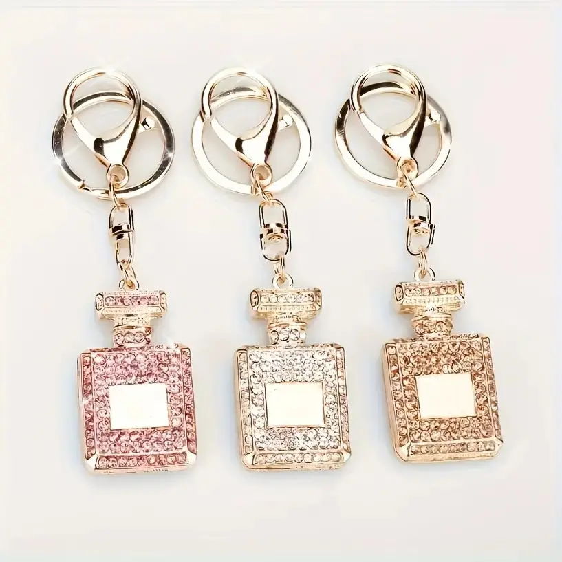 Cute Luxurious Look Alloy-Resin Mini Perfume Bottle Keychain Multipack, Crystal-Accented Durable Lightweight Fashion Bag Charms, 2-Color Set (Black, Cornflower Blue) - Choking Hazard Note Small Parts, Holiday Gifting for Friends, Mini Bottles