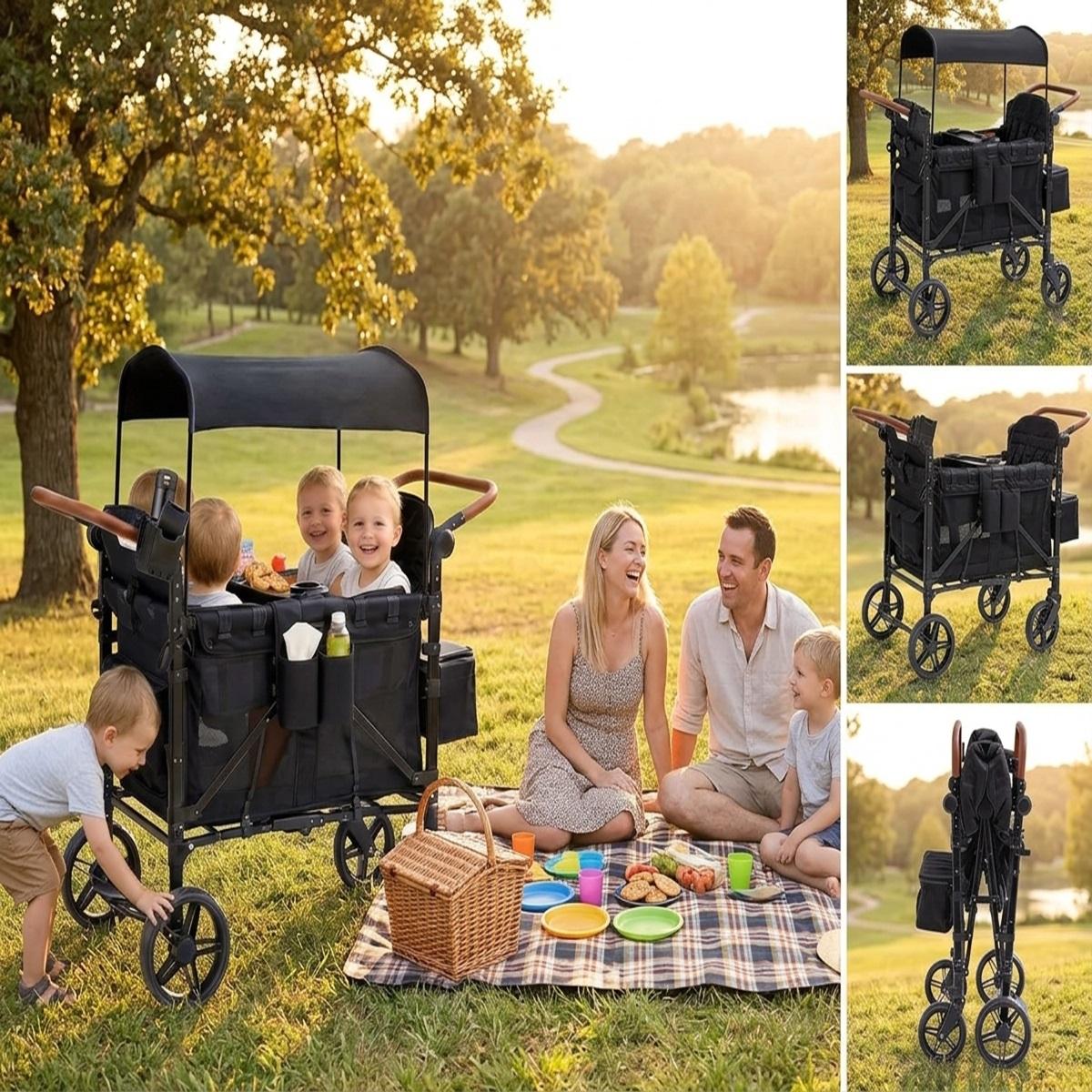 Stroller Wagon for 4 Kids, 4 Seater Wagon Stroller with Snack Tray, Large Storage Bag, Phone Cup Holder, Removable Canopy, Foldable Wagon Stroller 4 Seater with Adjustable Push Handles