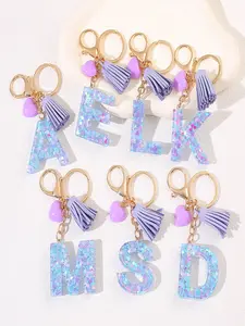 1PC Initials Letter Keychain, Cute Heart Tassel Decor Resin Charm with Key Ring, Fashion Accessories for Women & Girls, Unique Gift Idea for Friends and Family, Keychain Jewelry