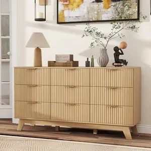Fluted 9 Drawer Dresser for Bedroom,57" Wide Modern Chest of Drawers with Metal Handles,Heavy Duty Wood TV Stand,Wood Closet Clothes Storage Organizer for Living Room,Hallway,Entryway