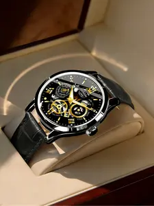 Men's Business Watch & Crocodile Pattern Strap, Hollow Gear Dial, Date Display Window, Quartz Movement, Alloy Case, All Seasons