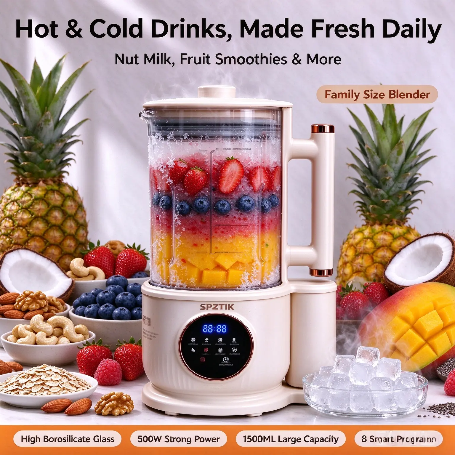 SPZTJK Nut Milk Maker Smoothie Blender - 500W, 1500ML Family Size Multifunctional Juicer, Cold Juicer, Hot & Cold Drinks, Quiet Operation, 8 Smart Programs, High Borosilicate Glass, Self-Clean Function, Oversize Feeder Mouth, Portable Blender