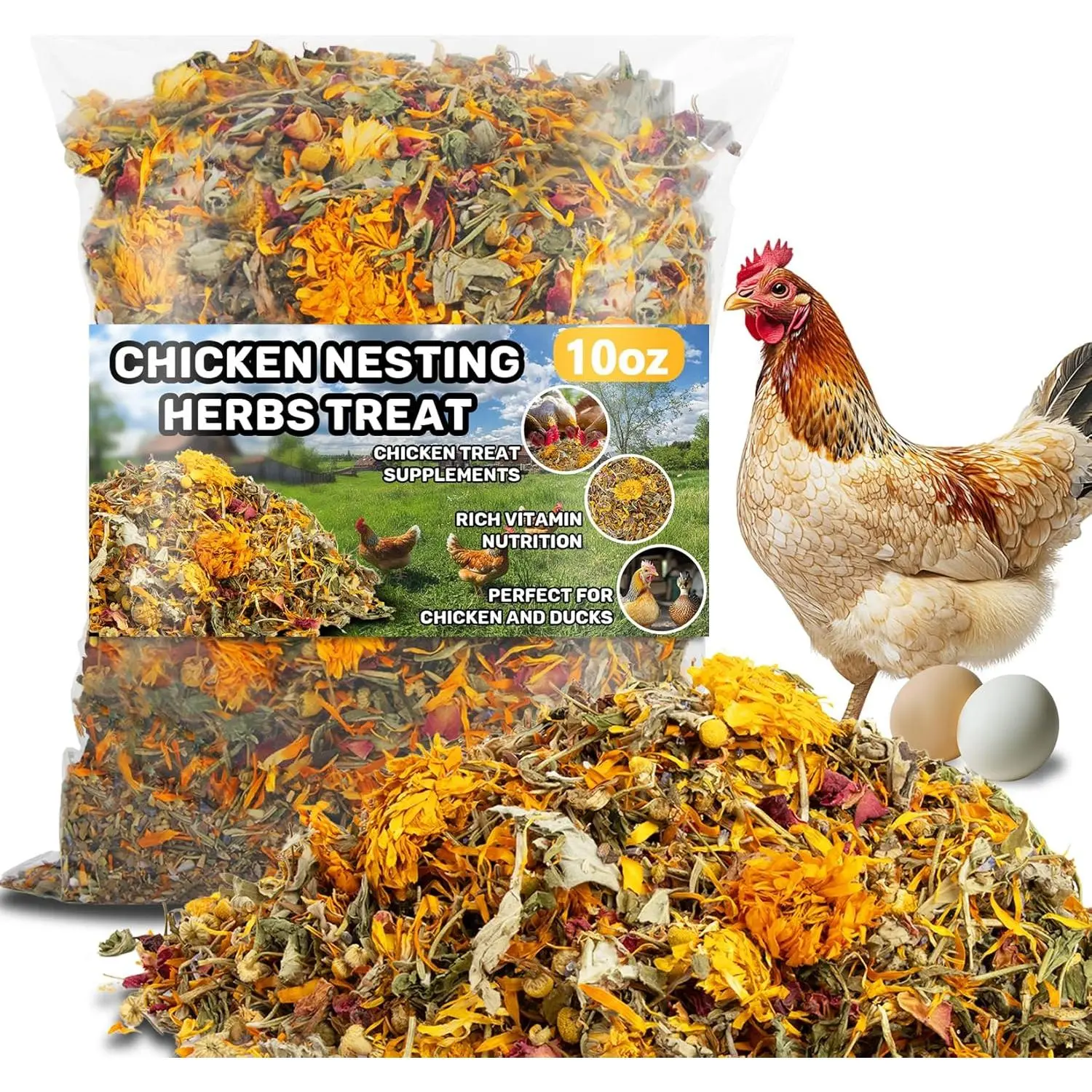 10oz Natural Dried Herbs Chicken Food - Pet/Farm Poultry Feed Additive Supplement, Coop Insulation, Roosting Bar Litter for Laying Hens, Vacuum-Packed Bedding to Boost Egg Quality, Vitamin-Rich Nutrition, Supplements, Treat