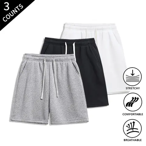 Men’s 3-Pack Pocketed Athleisure Shorts - Adjustable Elastic Waist, Drawstring Fit, Comfortable for Sports & Daily Wear