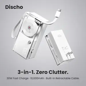 SHARGE Discho Hybrid Power Bank, 10000mAh Portable Charger with Built-in 2ft Cable, 30W Fast Charging Wall Charger & GaN Technology, Travel-Friendly Transparent Design