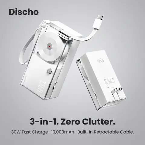 SHARGE Discho Hybrid Power Bank Charger - 10000mAh, 30W GaN 30w Speed, Built-in Wall Plug & Retractable 2ft USB-C Cable, Compact Portable Retro EDC Tool, Transparent Travel-Friendly Charging Solution for Smartphones & Gadgets