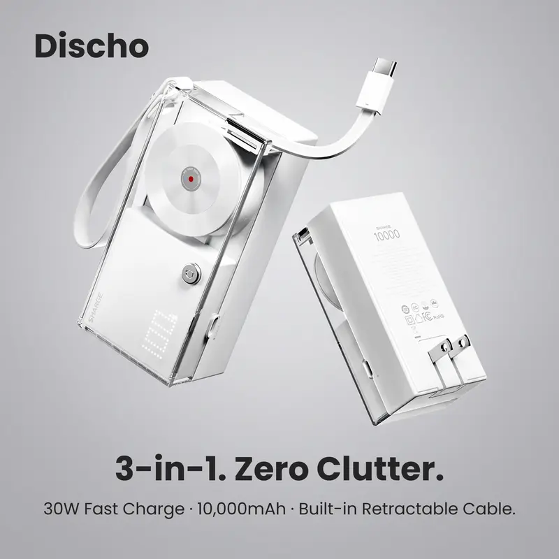 SHARGE Discho Hybrid Power Bank Charger - 10000mAh, 30W GaN 30w Speed, Built-in Wall Plug & Retractable 2ft USB-C Cable, Compact Portable Retro EDC Tool, Transparent Travel-Friendly Charging Solution for Smartphones & Gadgets