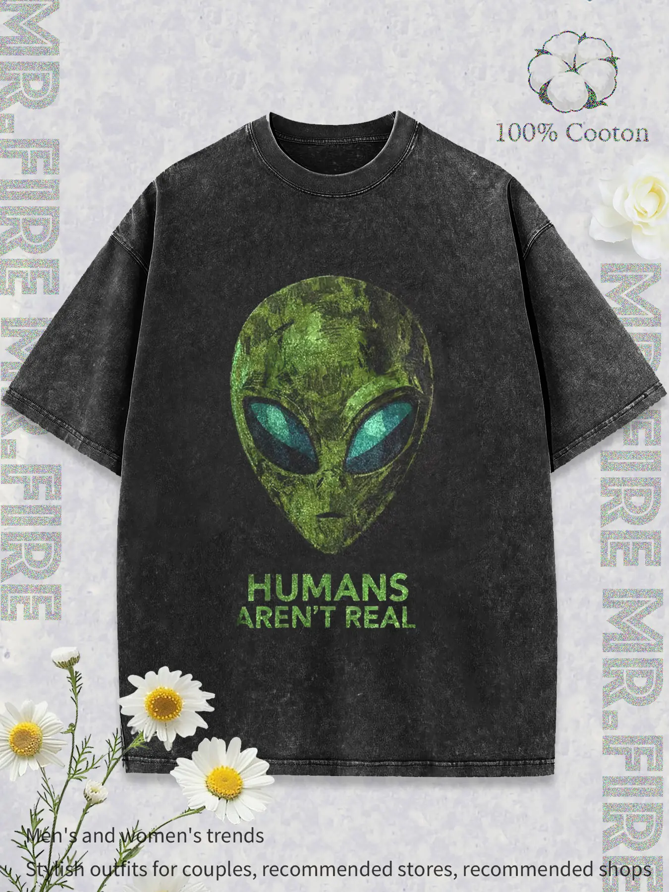 Men's Washed Graphic Round Neck T-Shirt - Menswear Casual Short-Sleeve Streetwear with Alien Head "Humans Aren't Real" Internet Meme Slogan, Tshirt, Men's Graphic Tees, Alternative Style, Valentines Day, Washed Raw, Alien Print