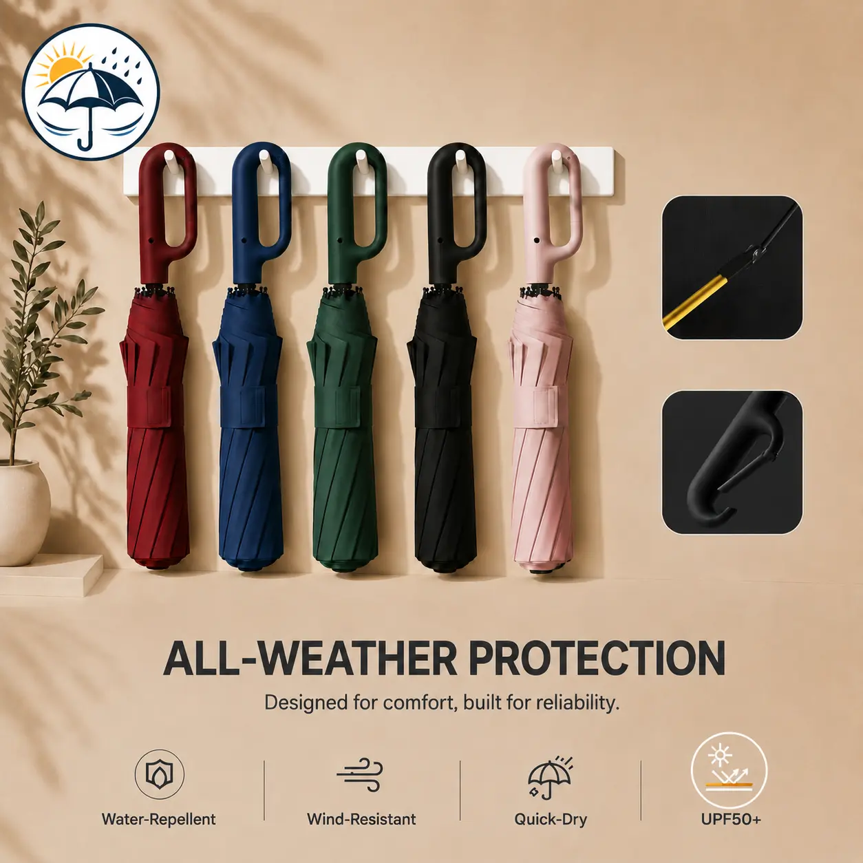 30-Rib Auto Retractable Umbrella for Adults, Modest Automatic Open-Close Folding Design with Hanging Ring Handle, Waterproof, Windproof, Sun Protection, Lightweight Portable Option in Box, Auto Retractable Umbrellas, Business