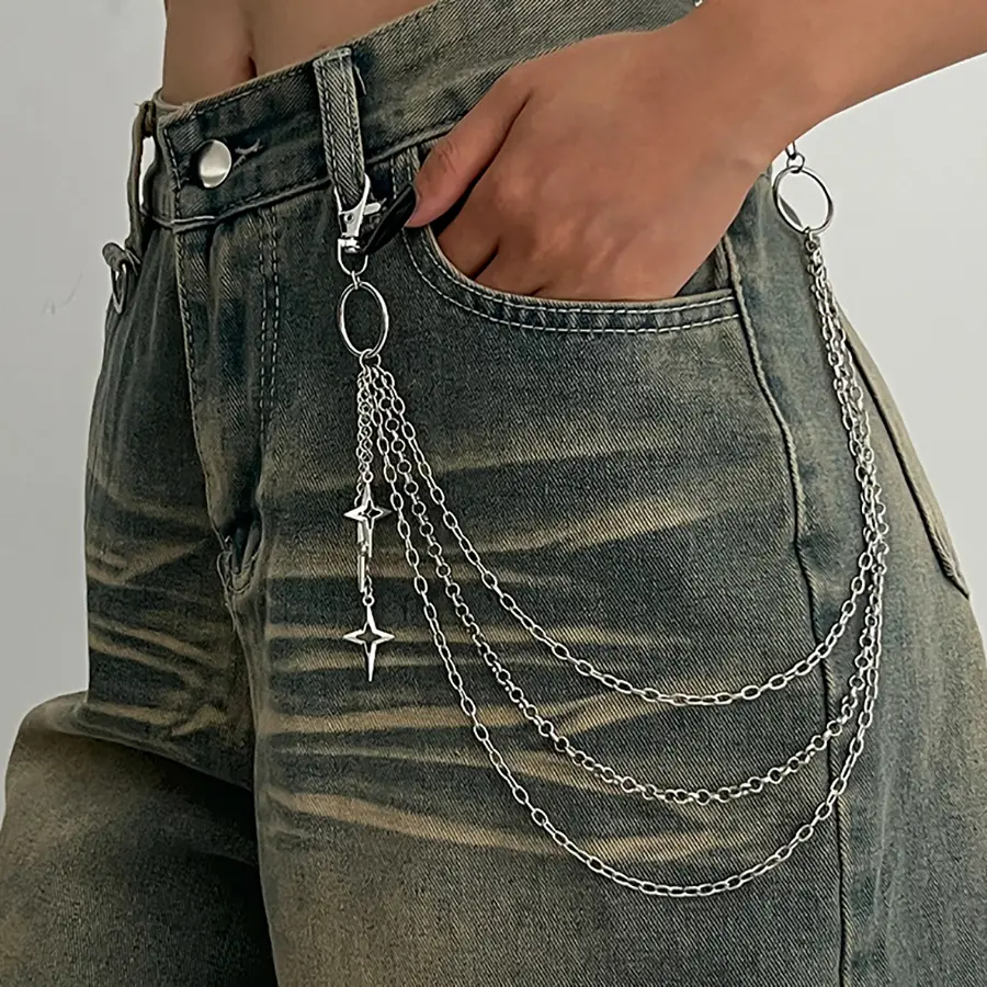 Punk Metal Body Chain with Multilayer Star Pendants, Geometric Hip Hop Waist Accessory for Women, Dangle Jeans Jewelry, Accessories For Women, Fashion, Chic Body Jewelry, Geometric Chain, Belly Waist Chain
