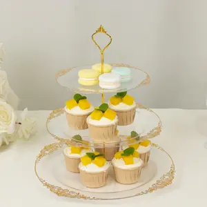 3-Tier Clear Plastic Cupcake Stand Holder with Gold Embossed Baroque Rim, Round Cake Dessert Display Stand Tiered Serving Tray with Top Handle - 13"