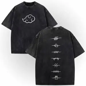 Men's Unisex Naruto Anime Akatsuki Clan Logo Retro Washed Oversize Heavyweight Cotton Shortsleeve Round Neck Tshirt, High-Quality Vintage Streetwear Top for Naruto Fan Casual Wear Sweatshirt TOP