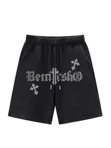 Men's Vintage Dark Feng Shui Washed Tie-Dye Letter Cross Print Shorts, Summer New Fashion Casual Sports Five-Pocket Pants