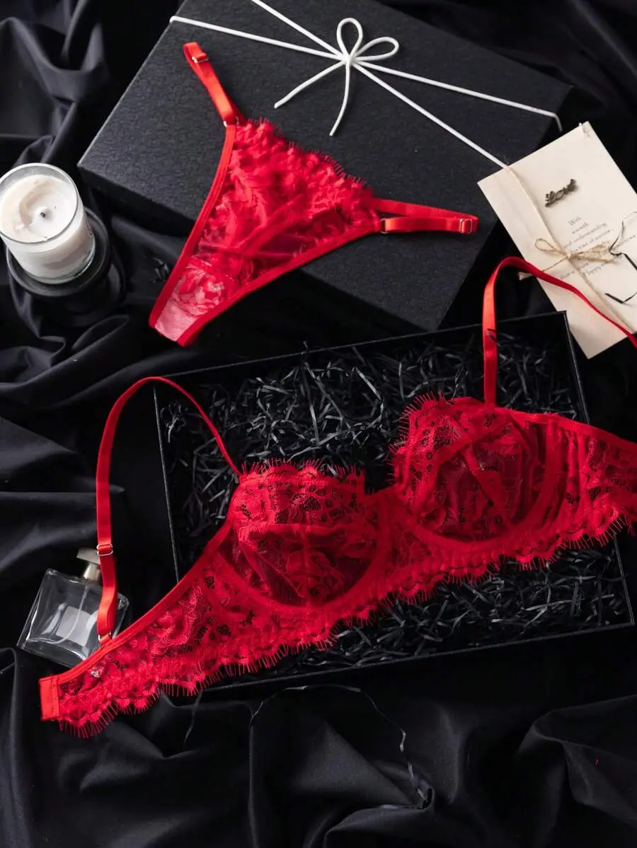 2pcs Set Mature Burgundy Lace Patchwork Lingerie Set