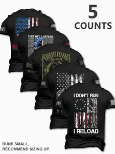 Men's Fashion Stylish Classic Round Neck Casual Short Sleeve T-Shirt, Summer Comfortable Flag Print Outdoor Tee, 5 Pack Set, Perfect for Boyfriend Daily Wear, Menswear