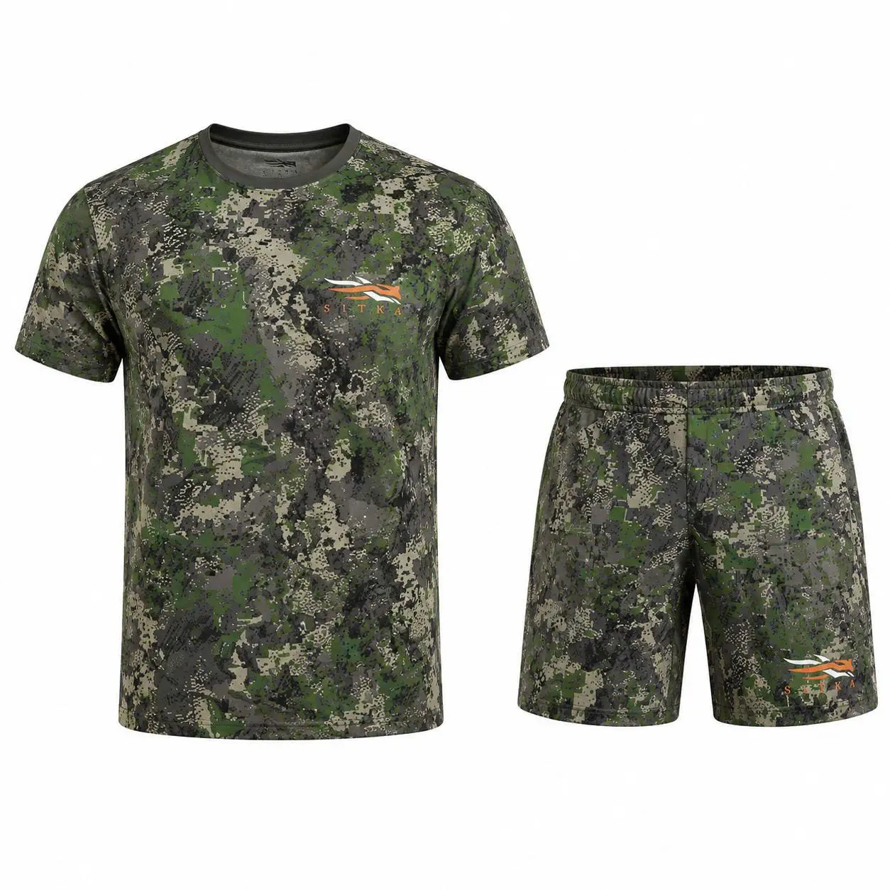 SITKA Camo Performance T-Shirt & Shorts Set for Men, Lightweight Moisture Wicking Hunting Outfit, Breathable Athletic Camouflage 2 Piece Activewear