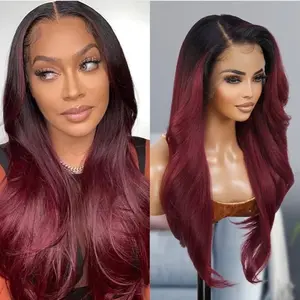Curl 13X6 Glueless Invisible Transparent Lace Frontal Wig Human Hair Blend Swiss-lace Curly Long Heat Friendly Synthetic Wigs Nisha Neutral Lace OET1B BURG