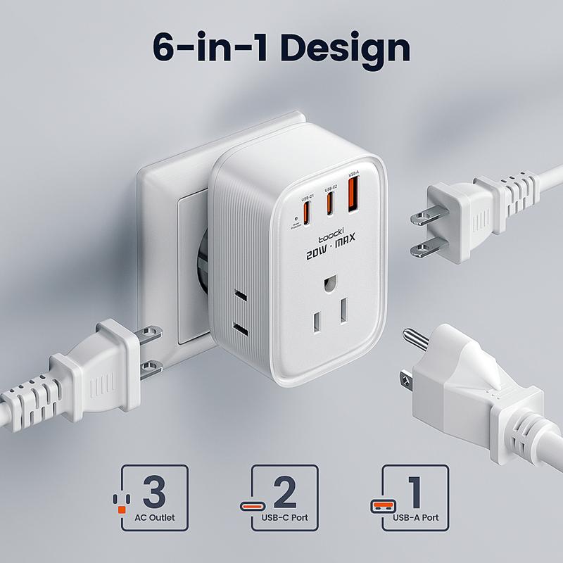 USA to Europe International Plug Adapter, Toocki Travel Adapter, (Single C port 20W Max, USB-A port 18W Max) with 3 AC, 2 USB-C, and 1 USB-A Port, Ideal for iPhone 15, iPad Air, and More,for USA to EU Germany France Iceland Italy  Greece fast charge